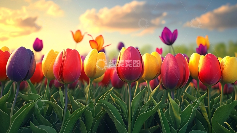 高清大图下载【趣麦麦图】夕阳下五彩缤纷的郁金香花田