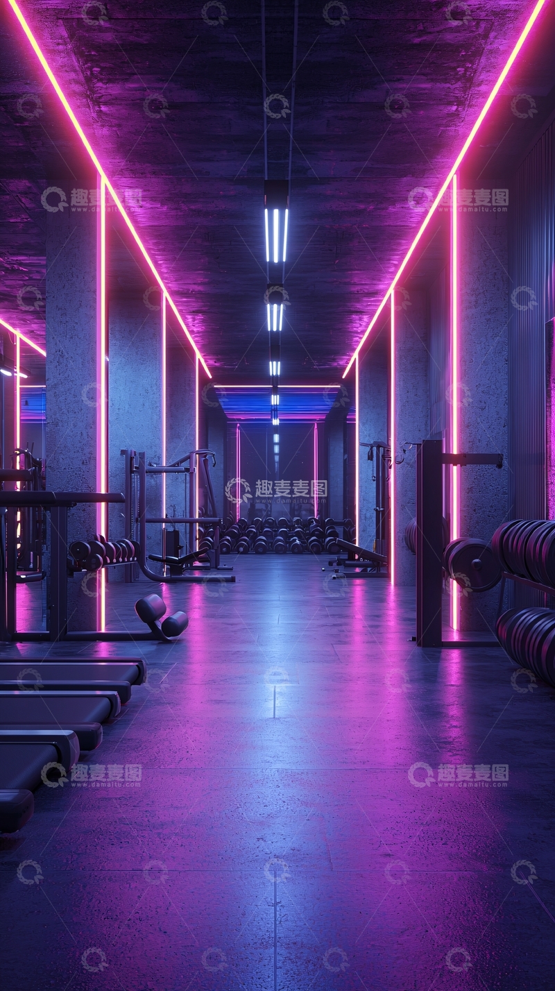 高清大图下载【趣麦麦图】霓虹灯健身房走廊