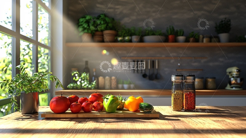 高清大图下载【趣麦麦图】阳光洒进厨房的木桌上