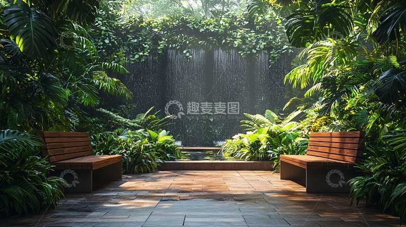 高清大图下载【趣麦麦图】阳光透过树叶洒在花园小径