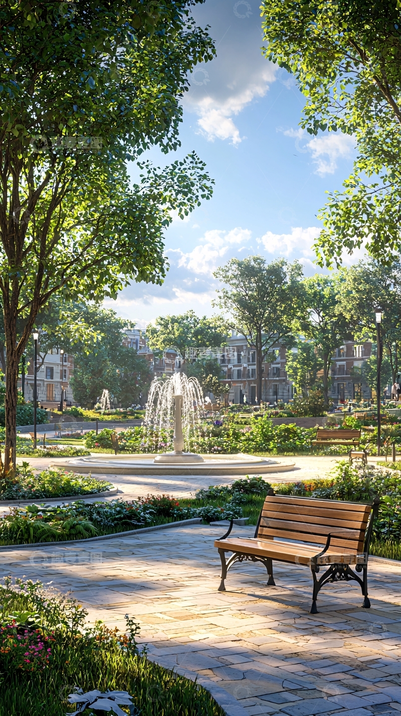 高清大图下载【趣麦麦图】公园长椅喷泉阳光明媚