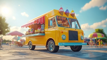 阳光下黄色冰淇淋卡车