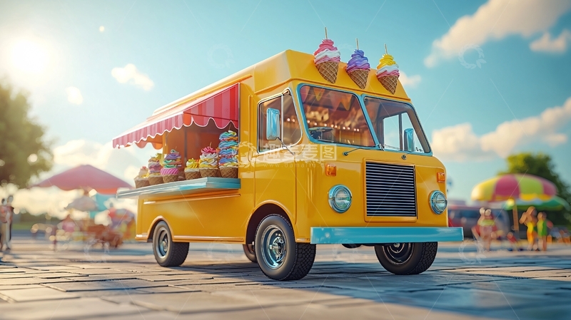 高清大图下载【趣麦麦图】阳光下黄色冰淇淋卡车