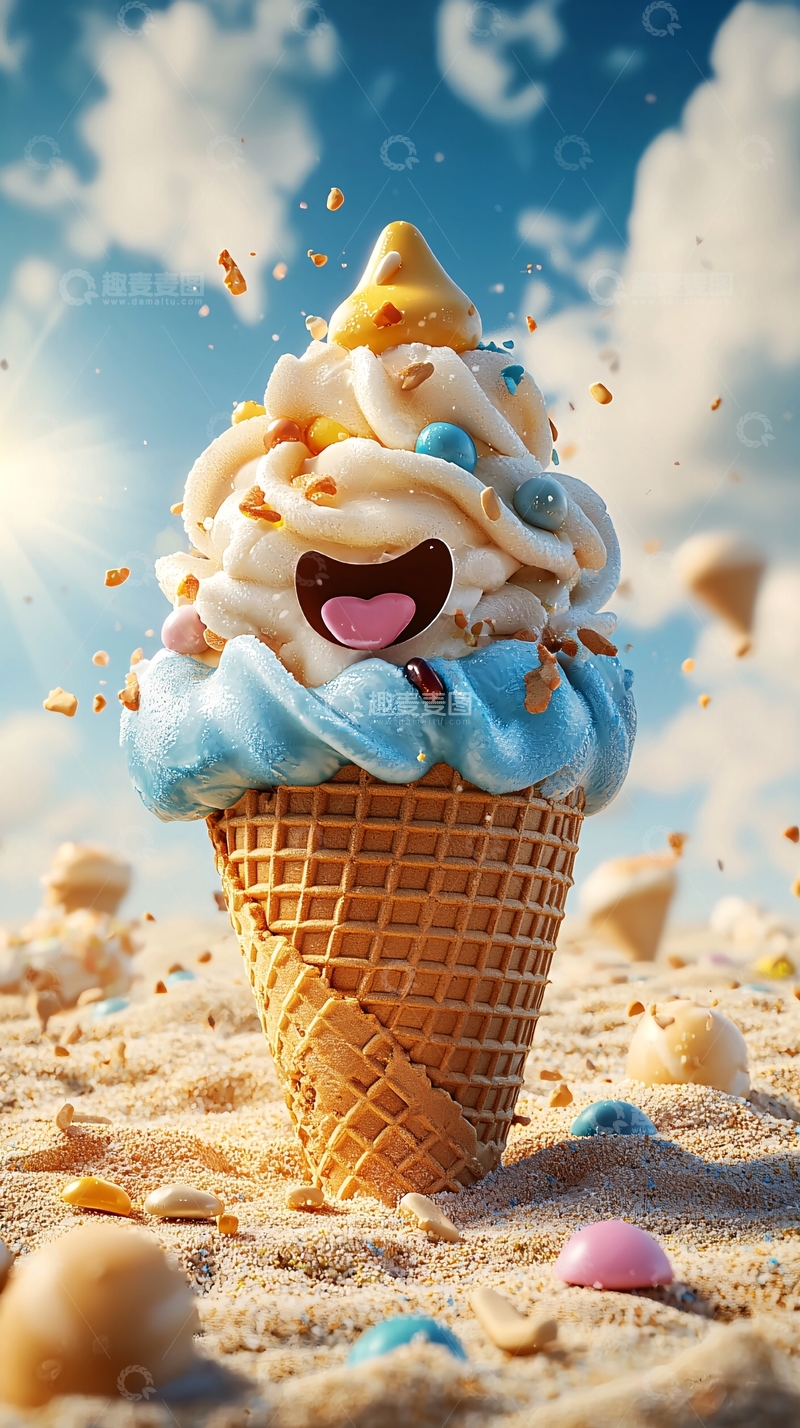 高清大图下载【趣麦麦图】沙滩上快乐的冰淇淋甜筒