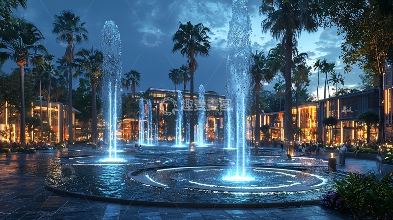 高清大图下载【趣麦麦图】夜晚灯光下的喷泉广场
