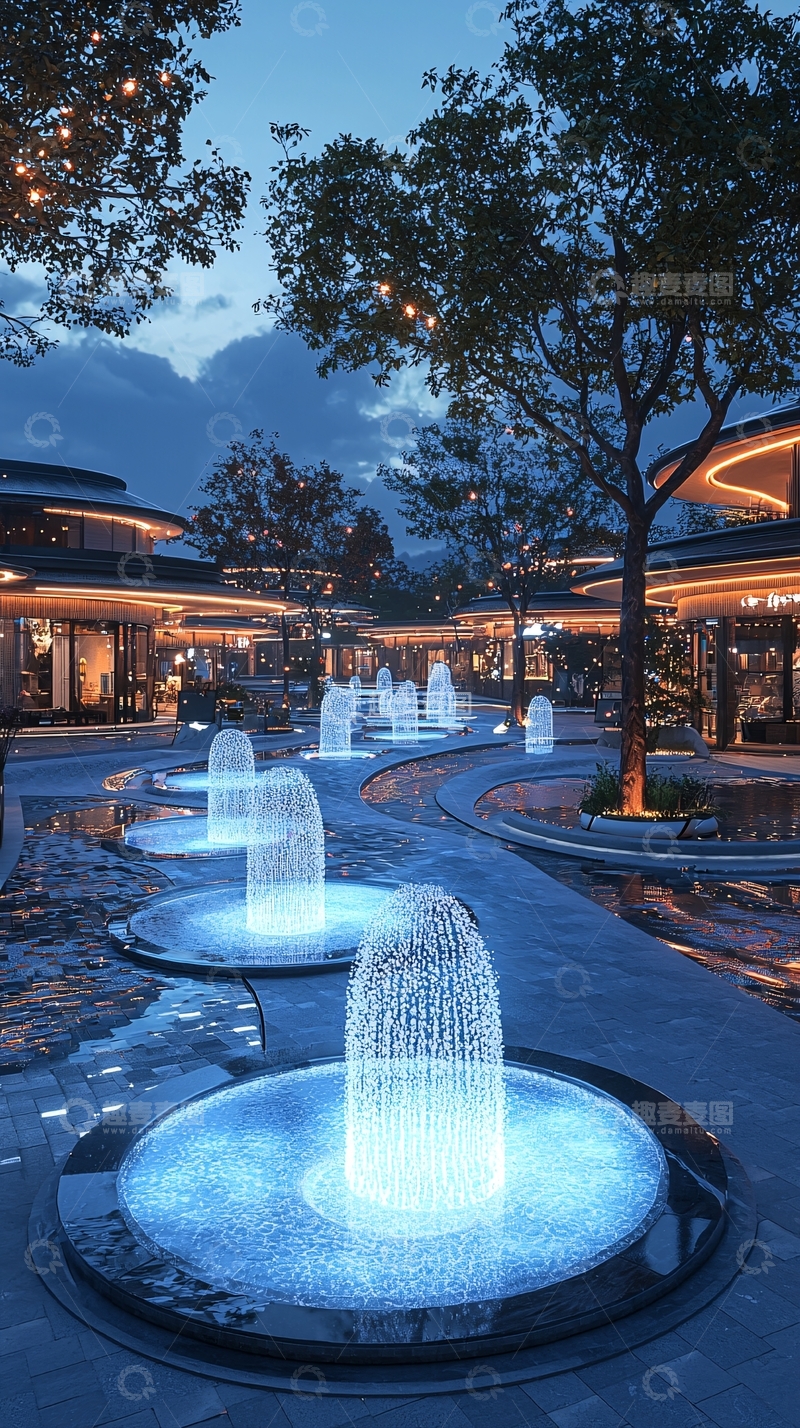 高清大图下载【趣麦麦图】夜景商业街喷泉