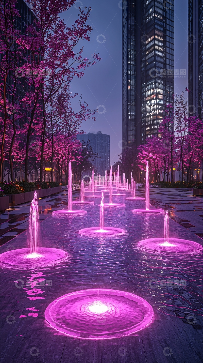 高清大图下载【趣麦麦图】夜幕下粉色灯光喷泉