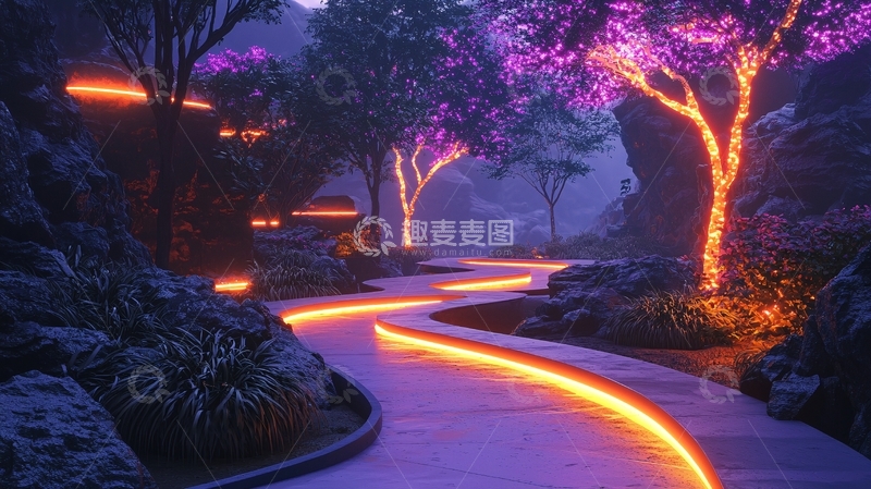 高清大图下载【趣麦麦图】梦幻霓虹灯森林小径