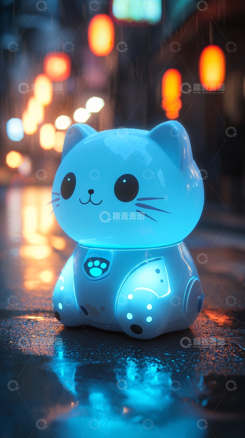 高清大图下载【趣麦麦图】夜晚街道猫咪机器人