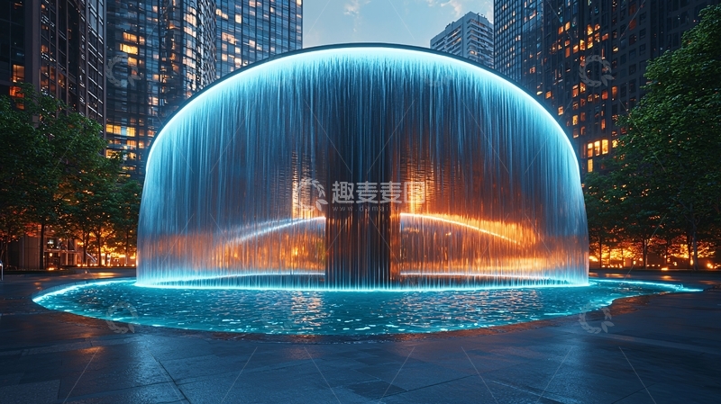 高清大图下载【趣麦麦图】夜晚城市灯光下的半球形喷泉