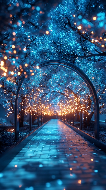 梦幻蓝色灯光树林小路