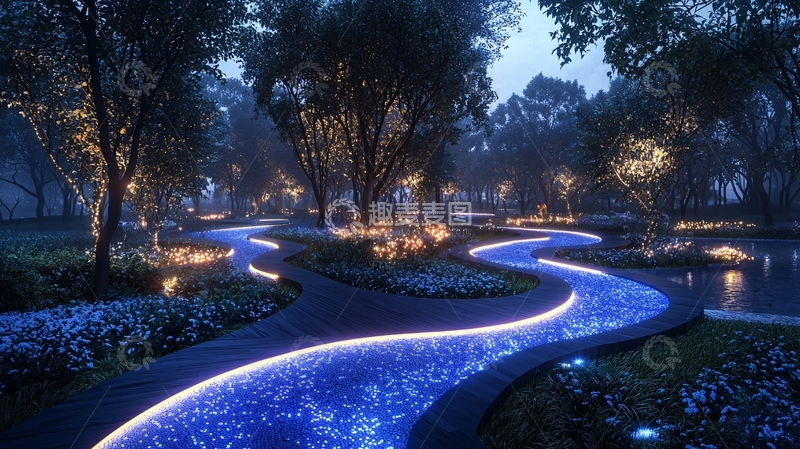 高清大图下载【趣麦麦图】夜晚森林小路灯光