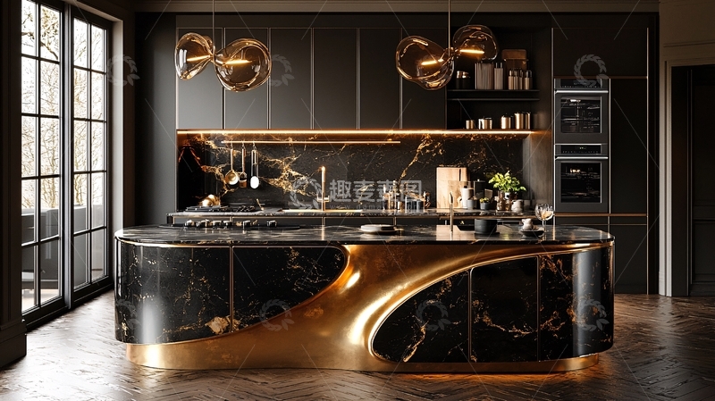 高清大图下载【趣麦麦图】奢华黑色大理石金色橱柜