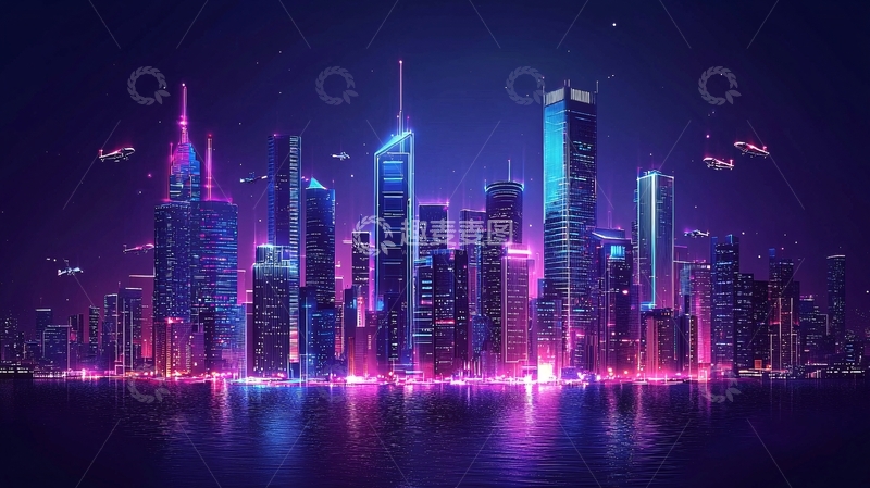 高清大图下载【趣麦麦图】夜色霓虹未来都市夜景
