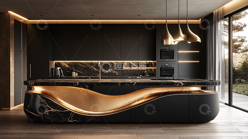 高清大图下载【趣麦麦图】黑色大理石金色流线型橱柜