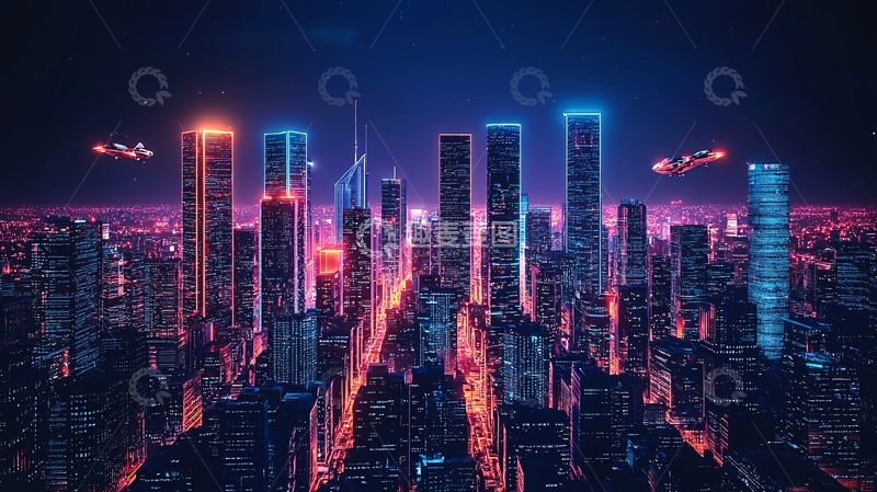 高清大图下载【趣麦麦图】霓虹灯下的未来都市夜景