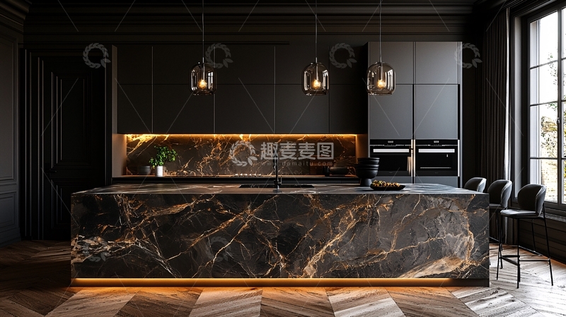 高清大图下载【趣麦麦图】奢华黑色大理石厨房中岛