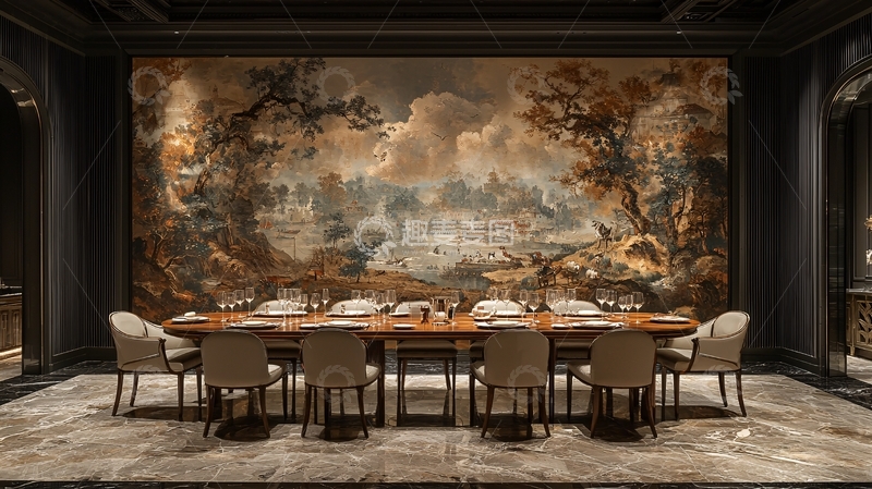 高清大图下载【趣麦麦图】奢华餐厅壁画长桌