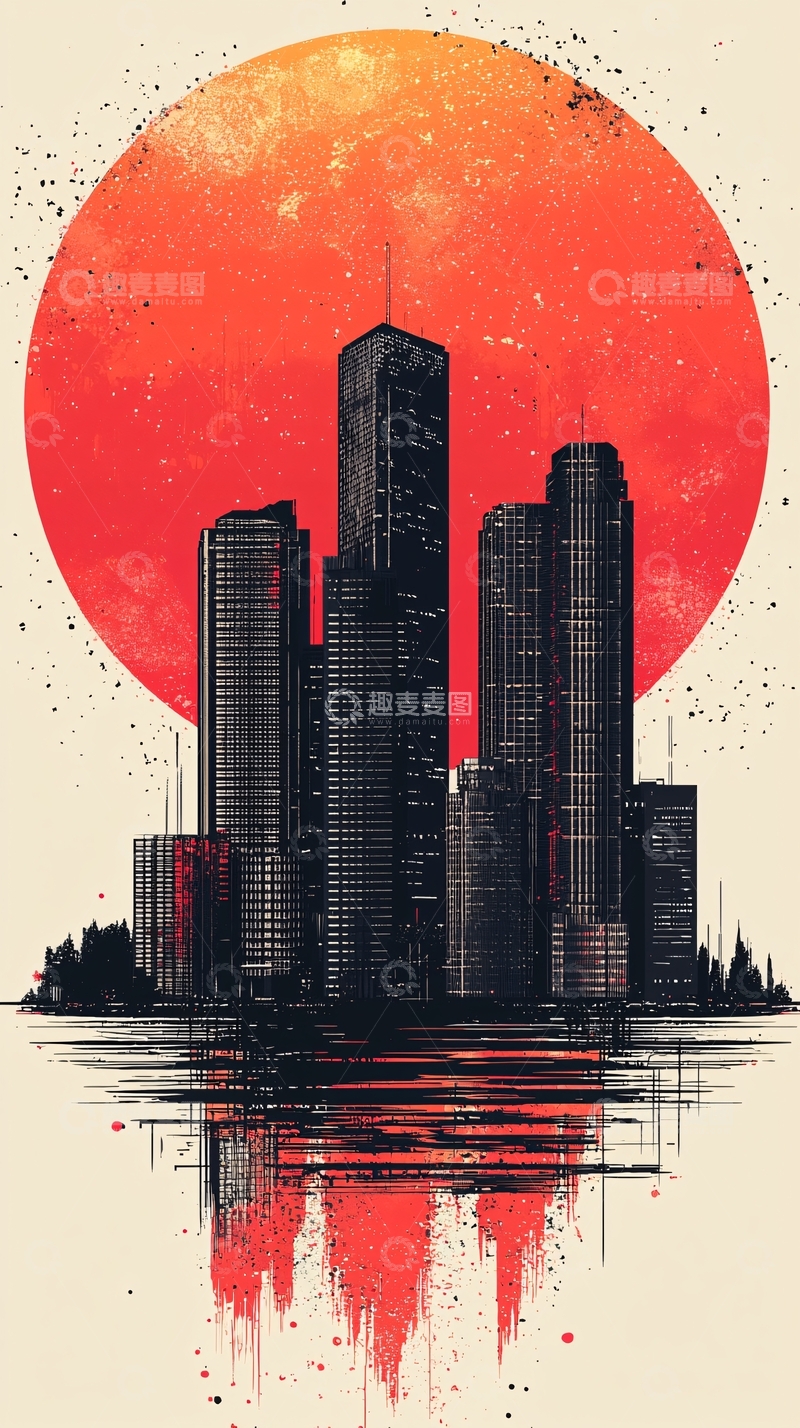 高清大图下载【趣麦麦图】红色日出都市剪影