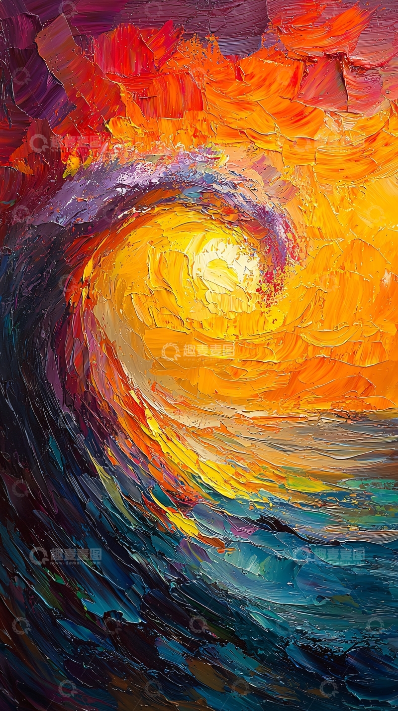 高清大图下载【趣麦麦图】油画风格海浪日落