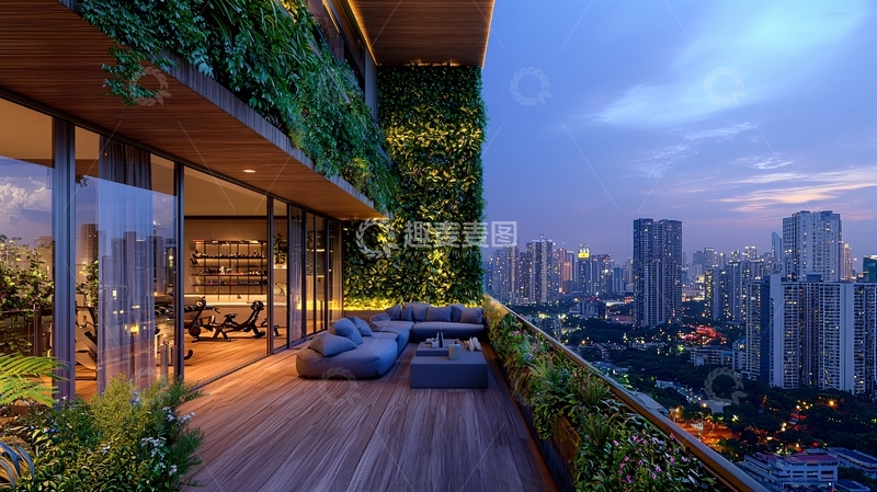 高清大图下载【趣麦麦图】夜晚都市高层公寓阳台