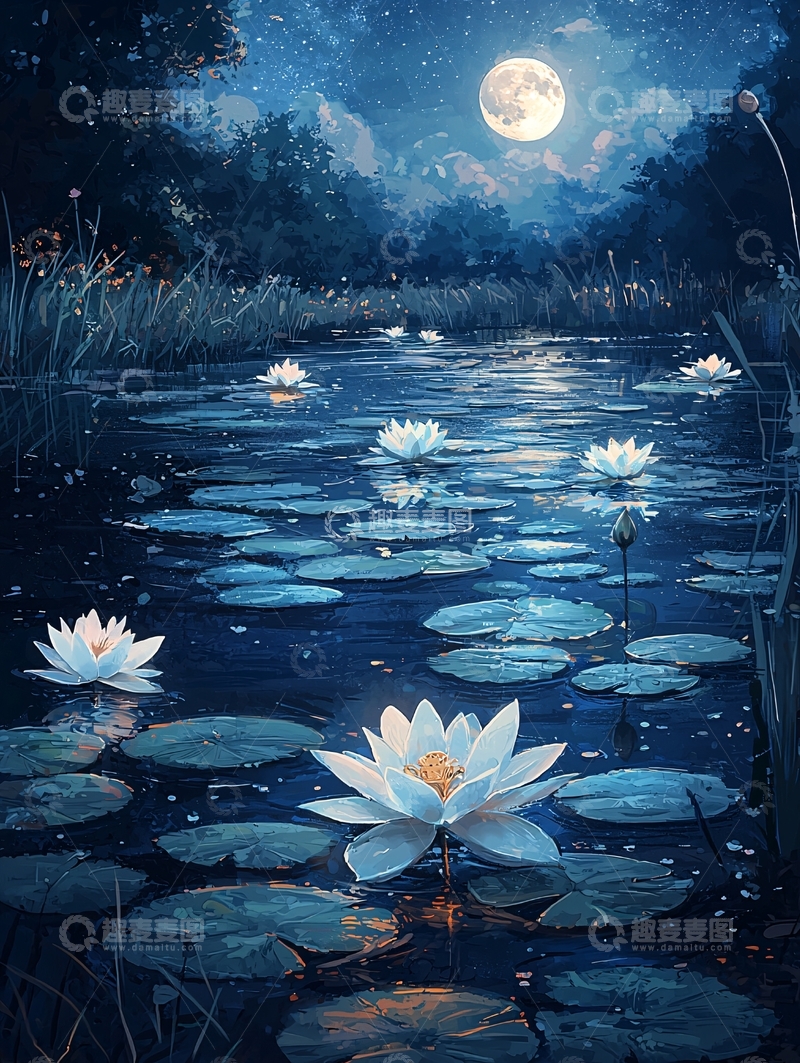 高清大图下载【趣麦麦图】月光下的睡莲