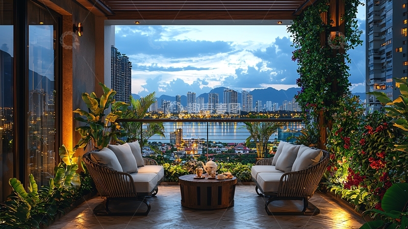 高清大图下载【趣麦麦图】城市夜景阳台绿植沙发