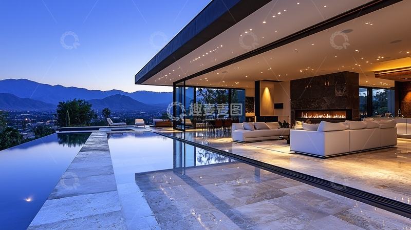 高清大图下载【趣麦麦图】山景别墅泳池夜景