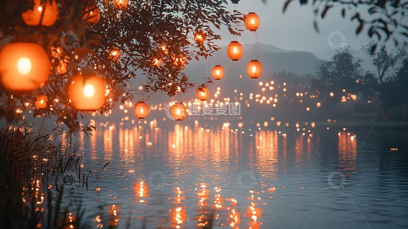高清大图下载【趣麦麦图】湖边树上悬挂灯笼