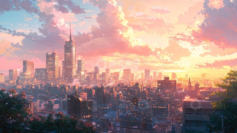 高清大图下载【趣麦麦图】梦幻都市日落剪影