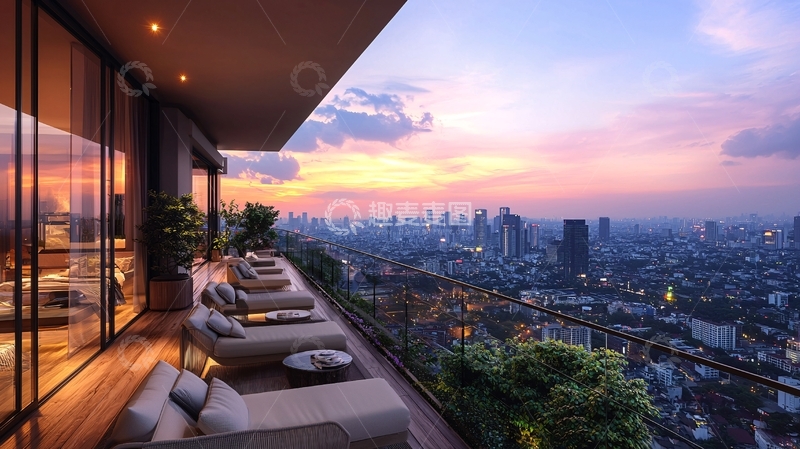 高清大图下载【趣麦麦图】高层公寓阳台落日美景