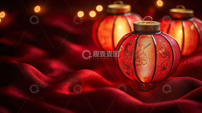 高清大图下载【趣麦麦图】红色丝绸上的灯笼