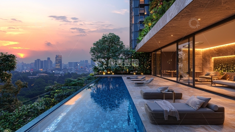 高清大图下载【趣麦麦图】高层住宅泳池落日景观