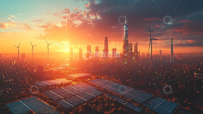 高清大图下载【趣麦麦图】日落城市风力发电太阳能