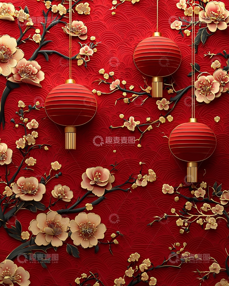 高清大图下载【趣麦麦图】红灯笼梅花新年背景