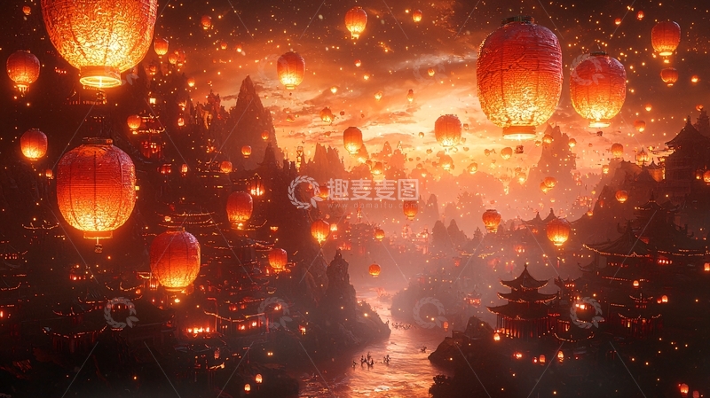 高清大图下载【趣麦麦图】夜空飞舞的红灯笼