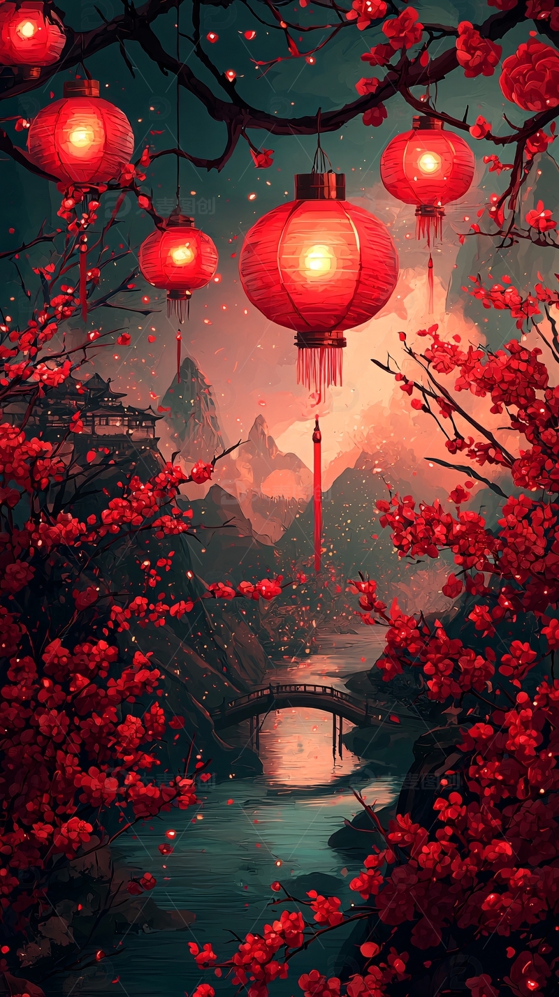 高清大图下载【趣麦麦图】红灯笼樱花意境图