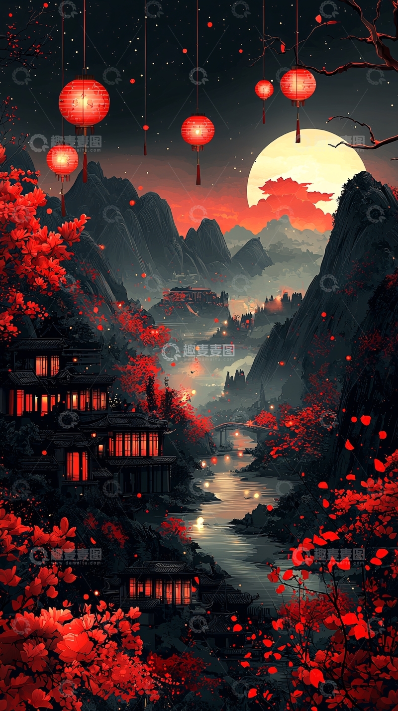 高清大图下载【趣麦麦图】红灯笼山间夜景