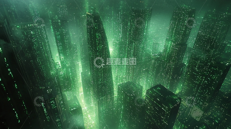 高清大图下载【趣麦麦图】绿光笼罩下的未来都市