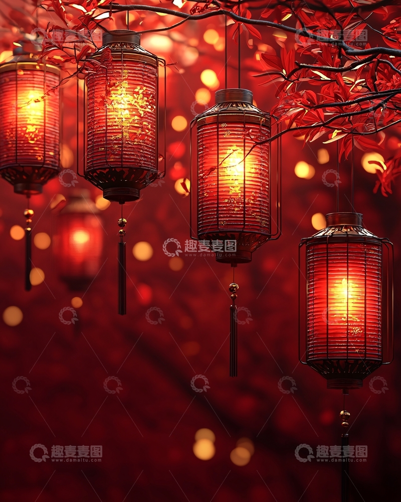 高清大图下载【趣麦麦图】红色灯笼与红叶