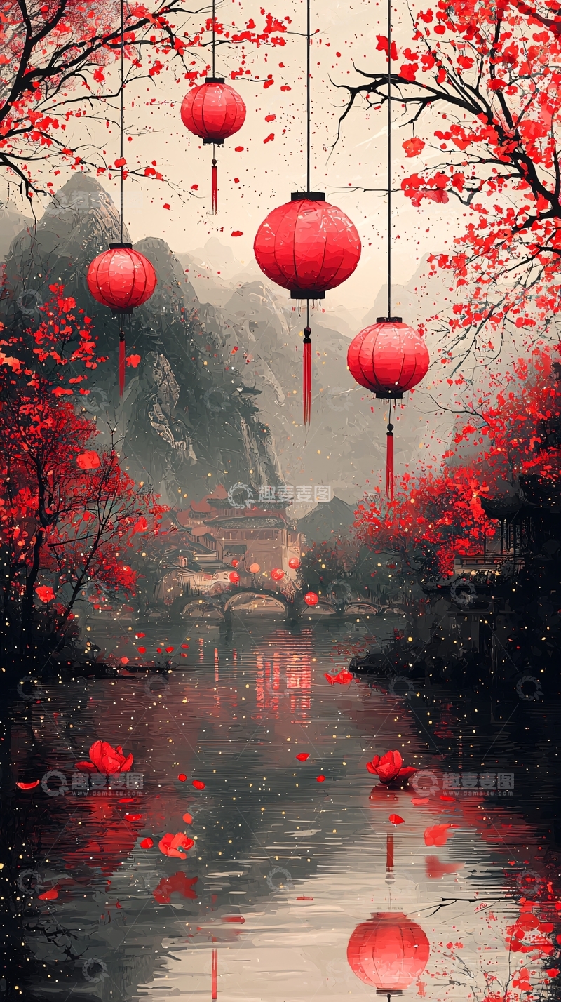 高清大图下载【趣麦麦图】红灯笼秋景意境图
