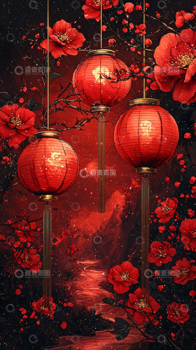 高清大图下载【趣麦麦图】红灯笼梅花中国风意境