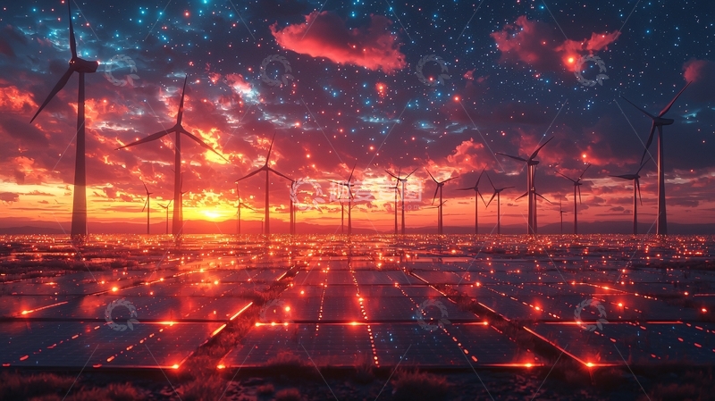 高清大图下载【趣麦麦图】梦幻星空下的风力发电场
