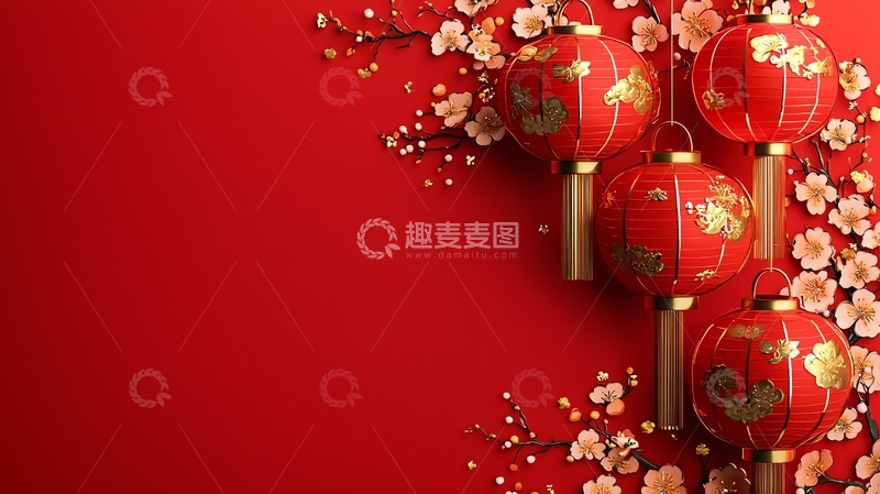 高清大图下载【趣麦麦图】红色背景喜庆灯笼