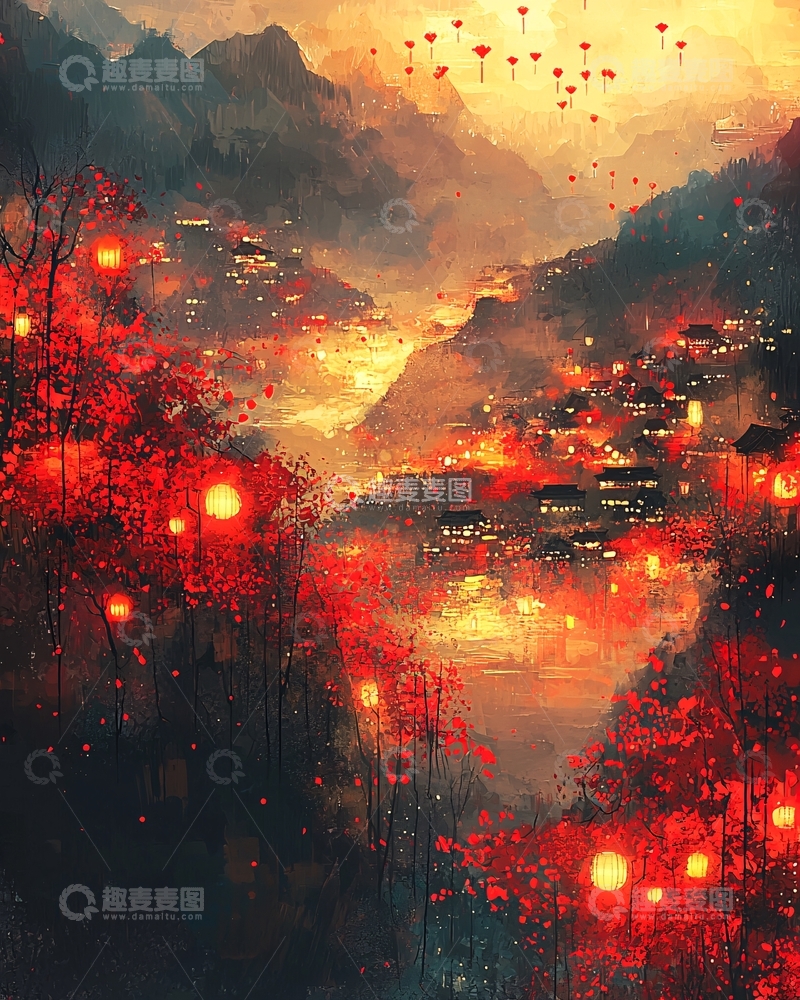 高清大图下载【趣麦麦图】山间小镇夜景