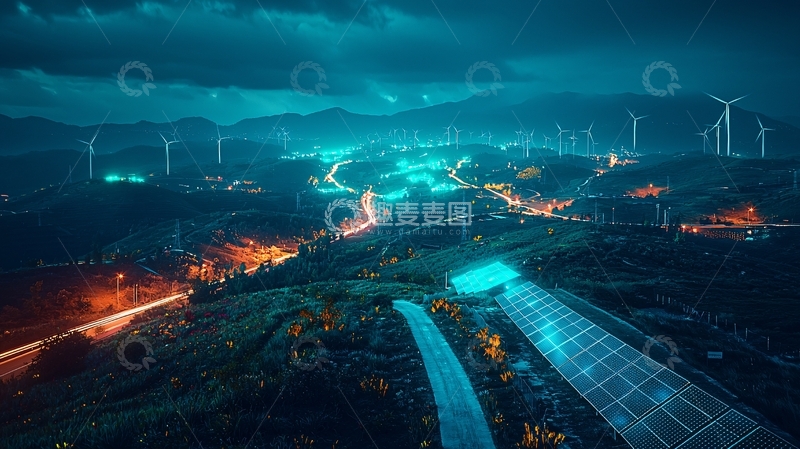 高清大图下载【趣麦麦图】夜景风力发电站