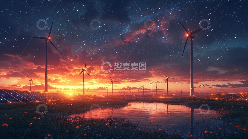 高清大图下载【趣麦麦图】日落风力发电站