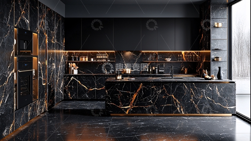 高清大图下载【趣麦麦图】黑金大理石厨房
