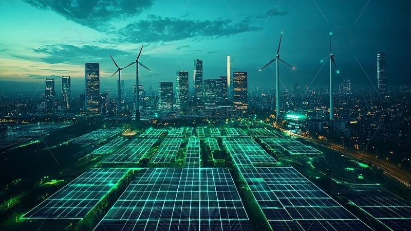 高清大图下载【趣麦麦图】夜幕下城市风光与绿色能源