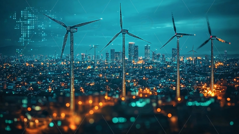 高清大图下载【趣麦麦图】夜景城市风力发电